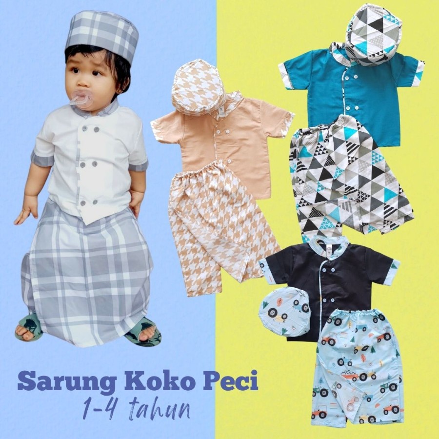 Baju Muslim Anak Bayi Laki Sarkoci Koko Putih Kotak Sarung Celana Peci Usia Umur 1 2 3 4 Tahun