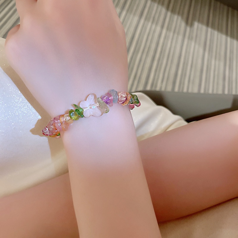 Gelang Manikmanik Batu Alami Warna Pelangi Bandul Kupukupubunga Kecil Elastis Untuk Wanita