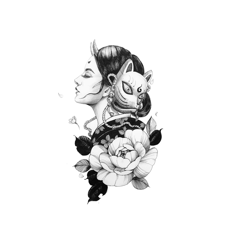 Trendi Jepang Geisha Bunga Arm Tattoo Sticker Waterproof Perempuan