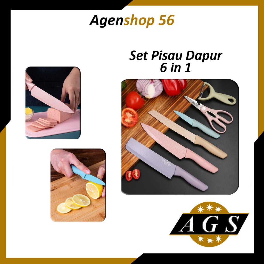 [AGS]  Set Pisau Dapur 6in1 Stainlees Kitchen Knife Set Gunting Pengupas