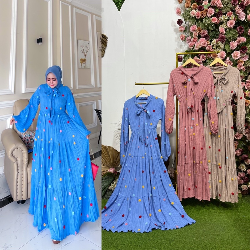 Dress crincle serat kayu pompom