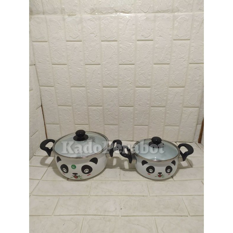 Panci enamel panda 22cm - panci enamel kuping - panci putih sup gagang