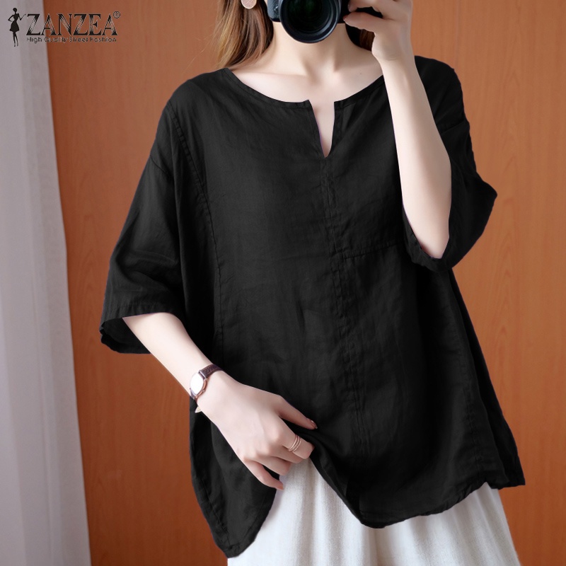 ZANZEA Women Casual Half Sleeve O-Neck Cotton Solid Color Loose Blouse