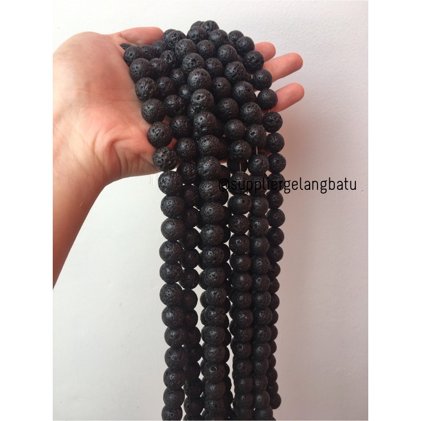 bahan rencengan lava stone kalung gelang 14mm larva merapi akik hitam supplier gelang kalung online