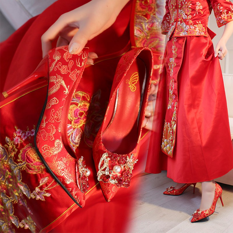 Xiuhe Wedding Shoes Crystal Bridal Wedding Shoes 2020 New Wild Red