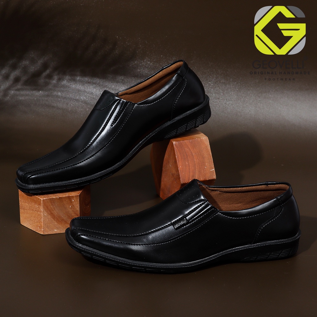 BIG SIZE 44 - 45 | Sepatu Kantor Pria Geovelli Pantofel Formal Kerja Dinas Pesta Kulit Sapi Asli Coklat Kopi Dan Hitam