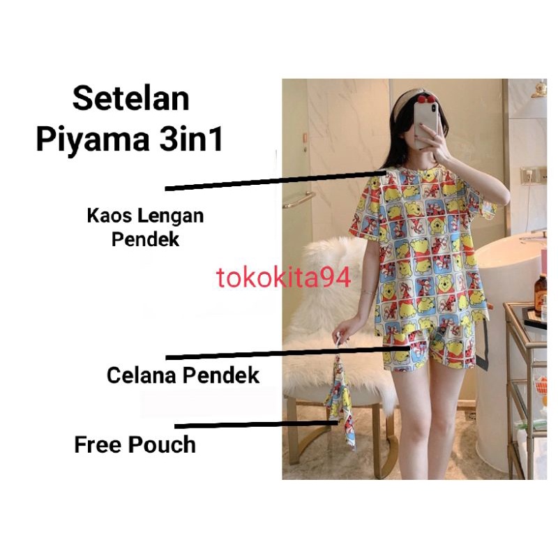 Piyama Korea Wanita Import 1 Set Lengan Pendek - Piyama Free Pouch - Pakaian Tidur 3 in 1