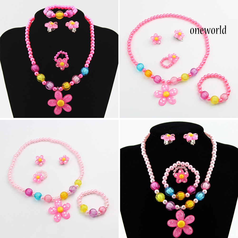 OW@ 5Pcs Handmade Flower Necklace Bracelet Ring Ear Studs Kids Girls Jewelry Set