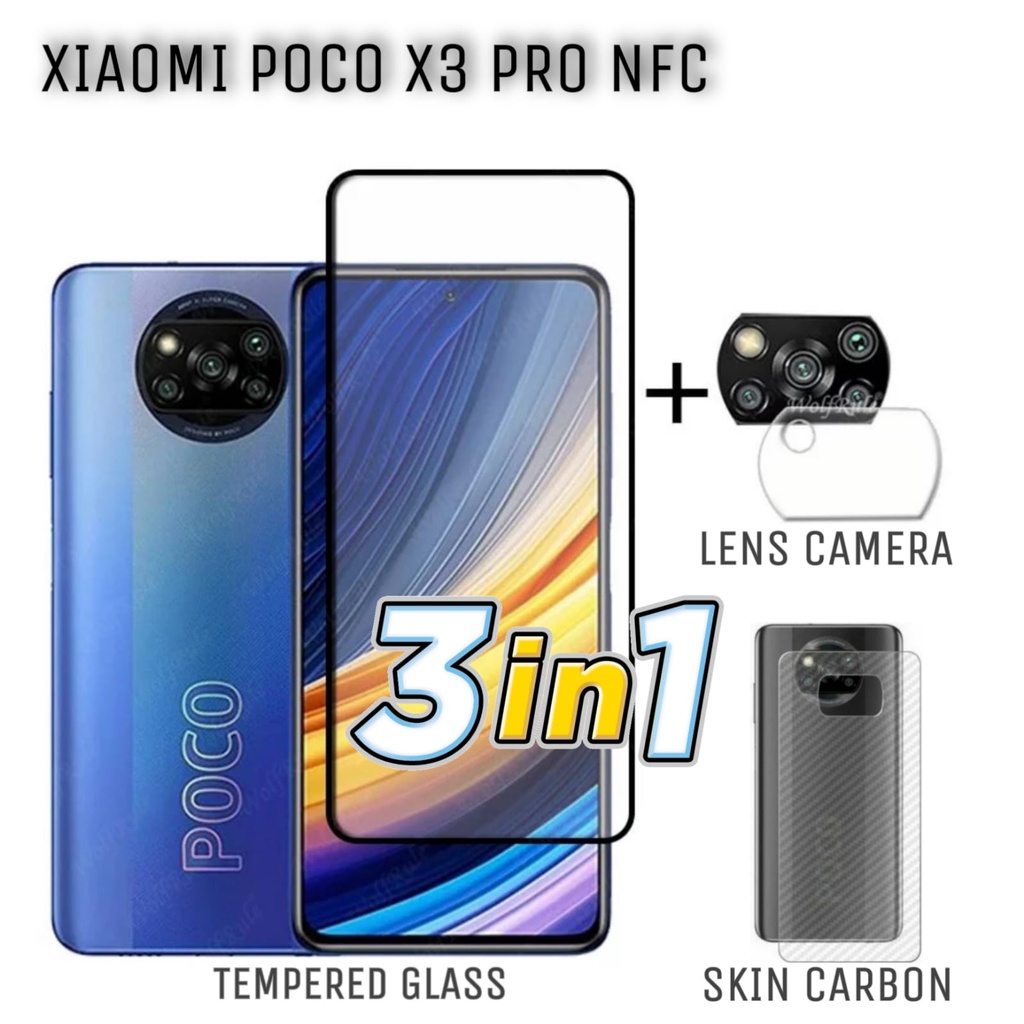 PAKET 3in1 Tempered Glass POCO X3 / POCO X3 PRO / POCO X3 NFC / POCO M3 PRO / POCO M3 / POCO F3 Anti Gores Layar FREE Lens Camera Dan Skin Carbon