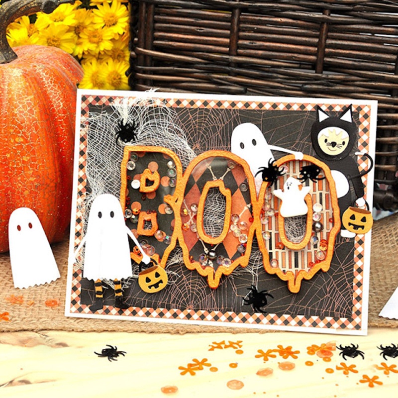 Zzz Cetakan Stensil Cutting Dies Motif BOO Halloween Bahan Metal Untuk Scrapbook / Craft Handmade