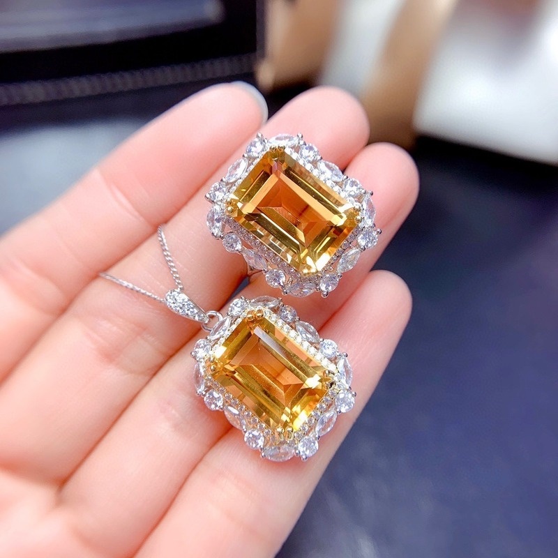 New Natural Citrine Rings Pendants Suit