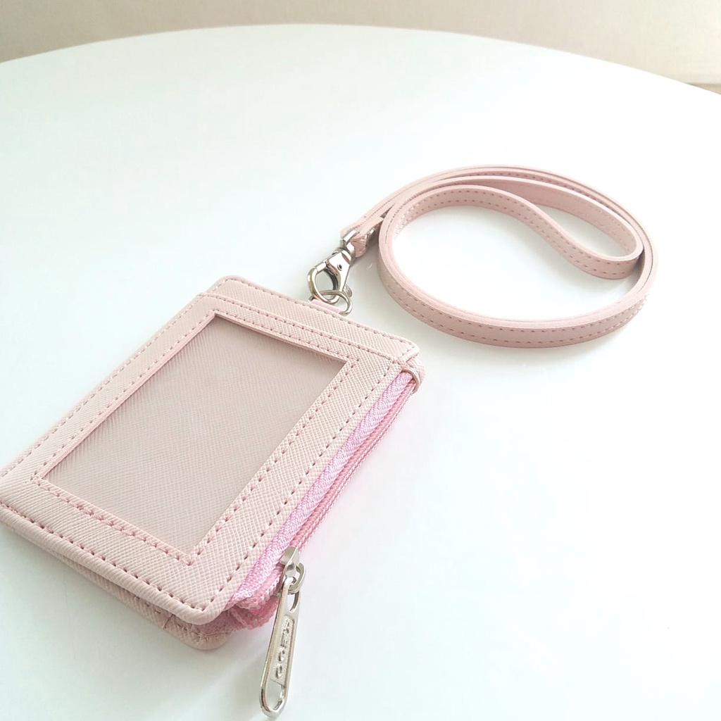 

Lanyard Resleting Pink Name Tag Seleting ID Card Holder Zipper Kulit PU Leather Lanyard NameTag RB9