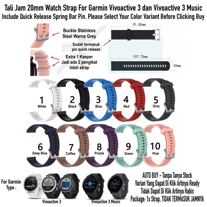 SBF Tali Jam Tangan Garmin Vivoactive 3 / Music - Strap 20mm Rubber Silikon Grey Buckle