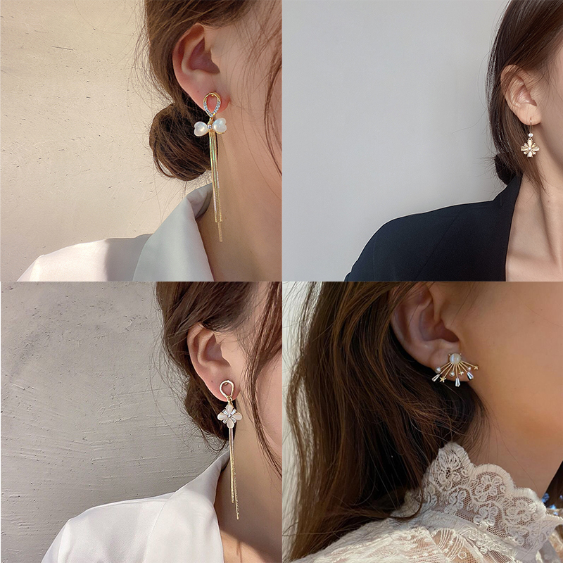 Korean Opal Earrings Geometric Square Diamond Earrings Bow Flowers 925 Silver Needle Earrings Female