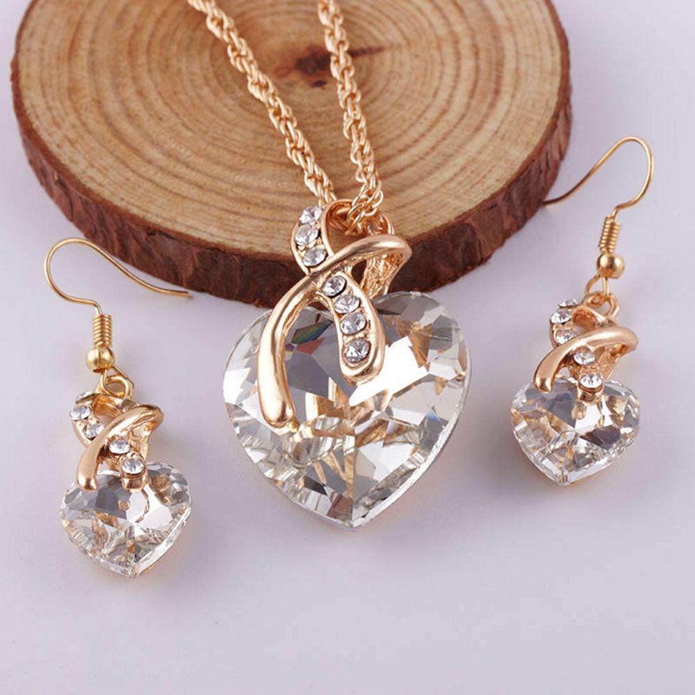 Lily Set Perhiasan Klasik Alloy Kristal Pernikahan Cinta Hati