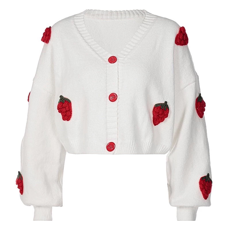 [ready stock] joy strawberry cardigan | atasan kardigan putih gaya korea imported motif buah strawberry merah