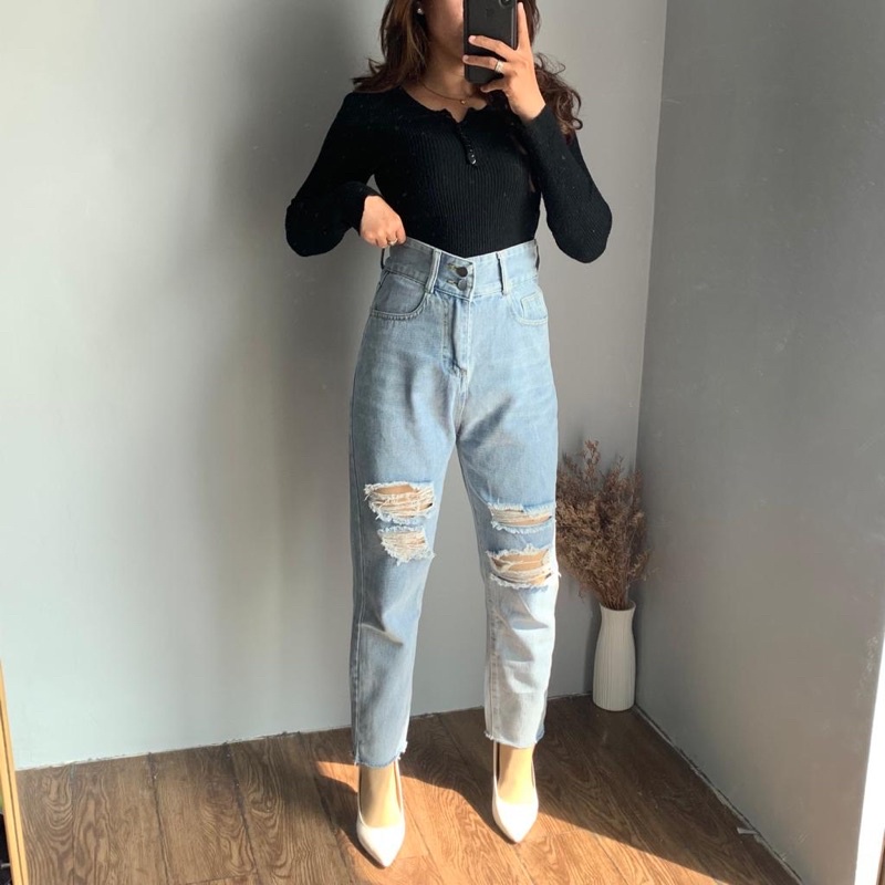 [LUXE.DLABE] - D69 Jeans | Celanja Panjang Highwaist wanita import High Waist Ripped jeans Baggy Jeans Boyfriend Wideleg Kulot Jeans Import