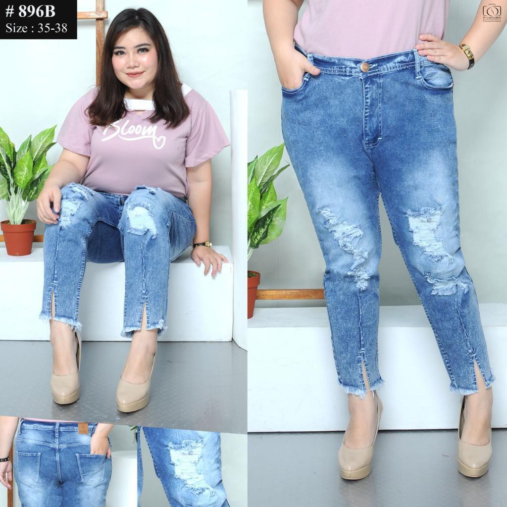 Celana Jeans Wanita Pensil 7/9 Sobek Slit Depan 31-34 35-38 Bisa Bayar Ditempat(COD)