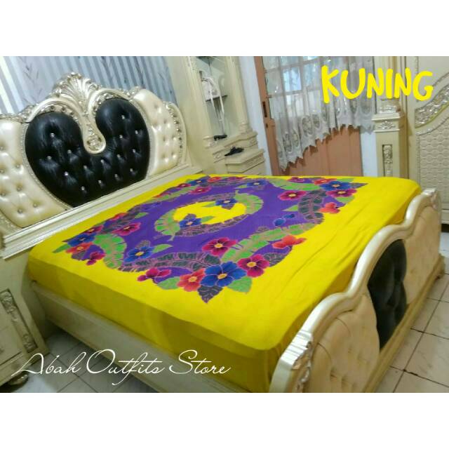SPREI BATIK LUKIS CAP PEKALONGAN MOTIF DAUN PISANG BUNGA WARNA KUNING BIRU COKLAT UKURAN 180x200x30