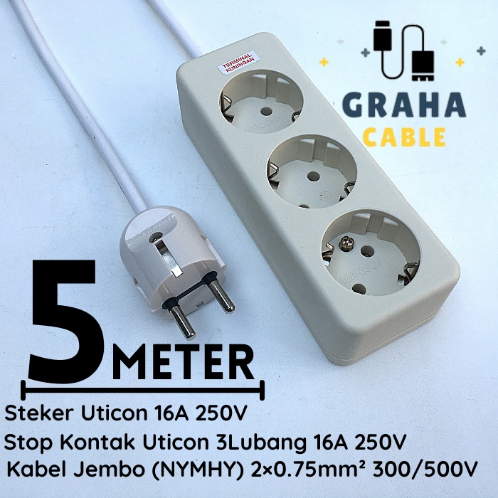 Kabel Sambungan Listrik Stop Kontak 3 Lubang 5 Meter UTICON