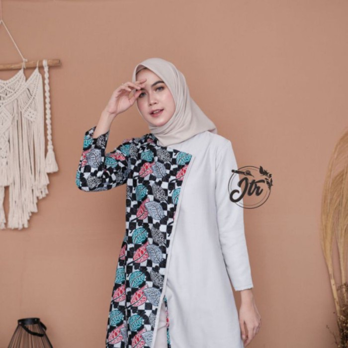 M L XL Tunik batik wanita sopal terbaru kode 06 - Putih, M Baju batik wanita modern Atasan Batik Wanita Kerja M L XL Batik kombinasi Blouse Batik Kerja N5Z5