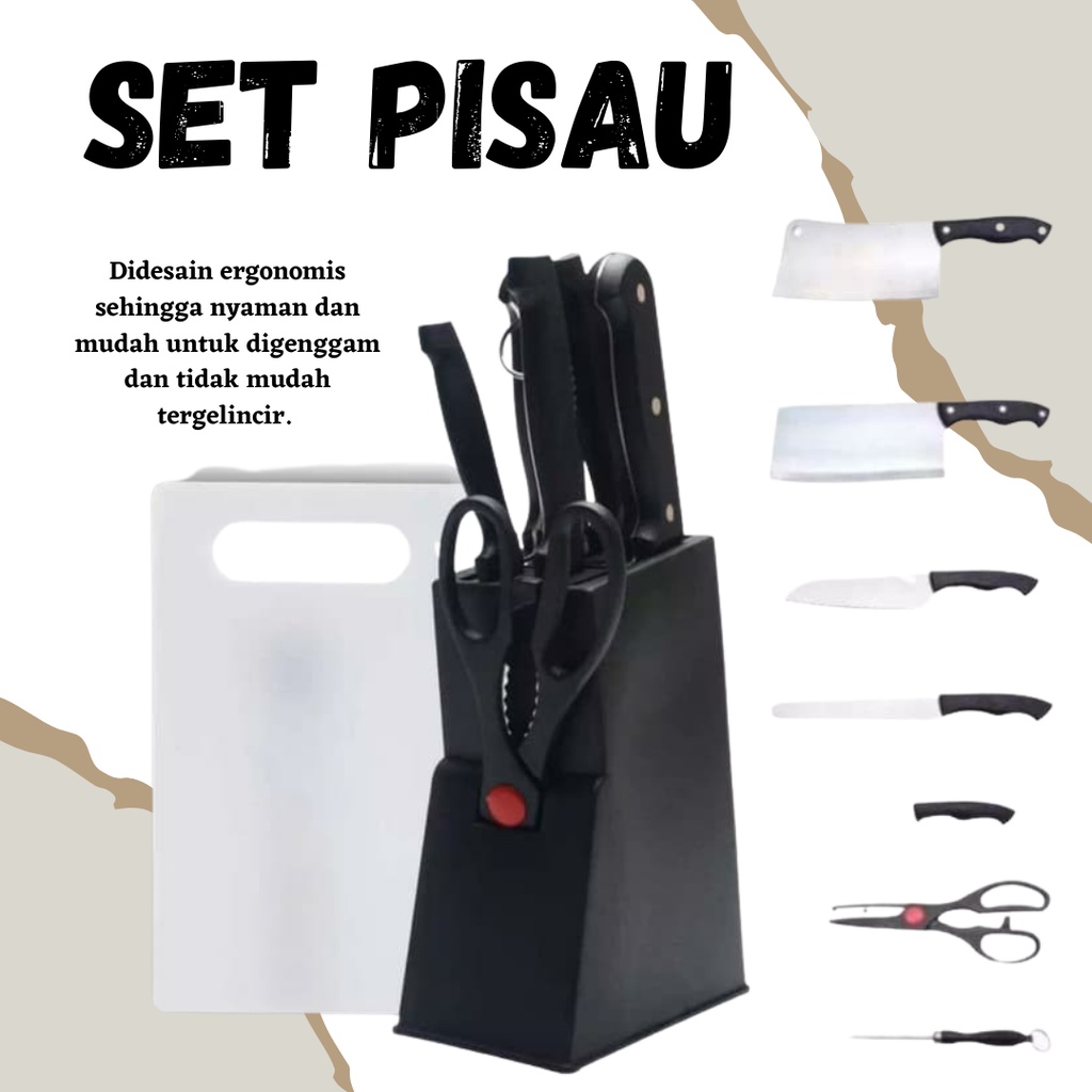 Pisau Set 7in1 Kayu Stainless Steel Dapur Daging Buah Sayur Multifungsi Tanpa Talenan