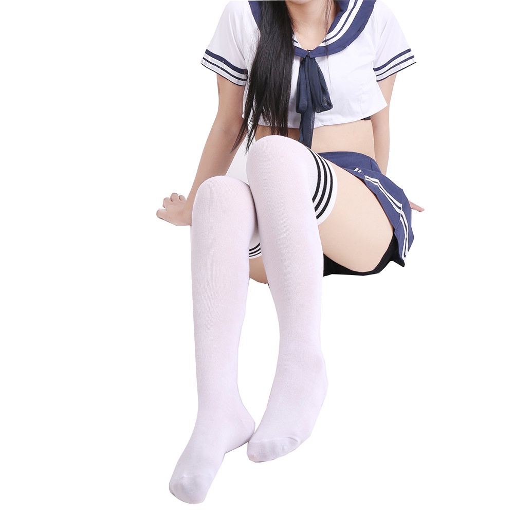 Kaos Kaki Overknee Jepang Korea 3 Strip - Thigh High Socks 3013-Putih strip Hitam