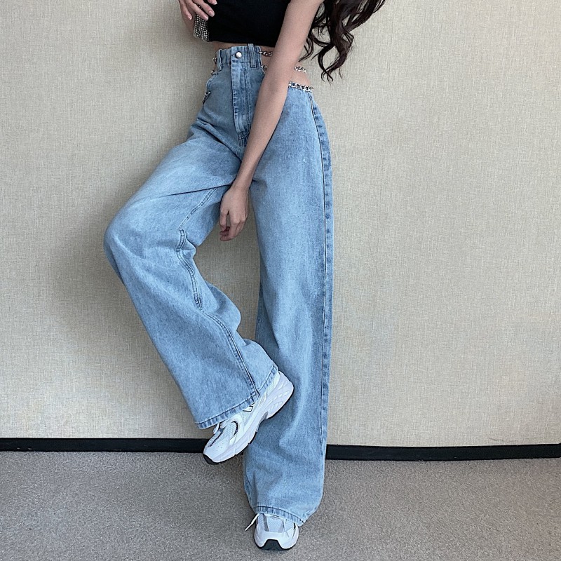 Suhao Net Hong Kong Style Chain High Waist Wide-Legged Jeans Musim Semi dan Musim Panas Straight Slack Slim Fit Pants