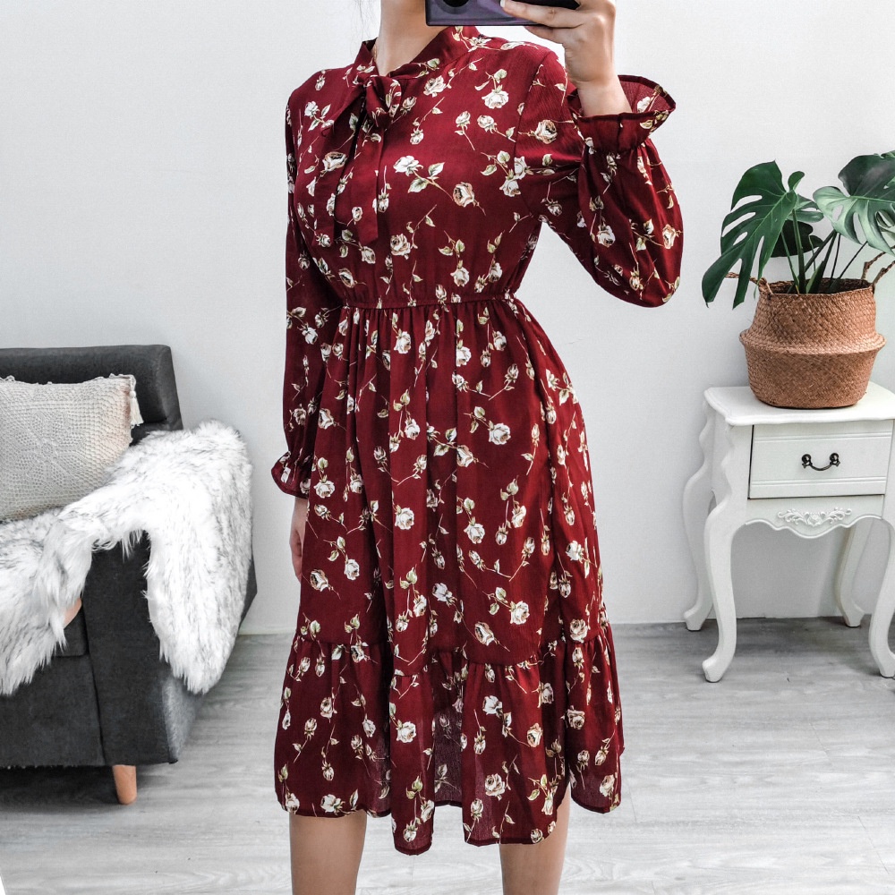 COD 2022 New Fashion Korea Red Blue Midi A-line Dress Merah Wanita Midi Dress Korea Lengan Panjang Muslimah Motif Bunga Panjang Gaun