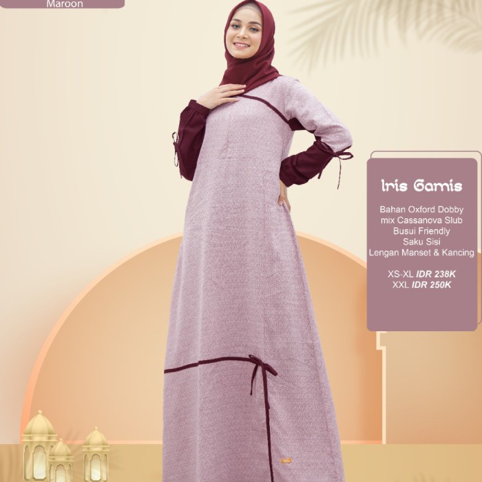 Set-Family-Muslim-Busana- Sarimbit Nibras Iris Maroon - Sarimbit Nibras 2021 - Gamis Couple - Koko,