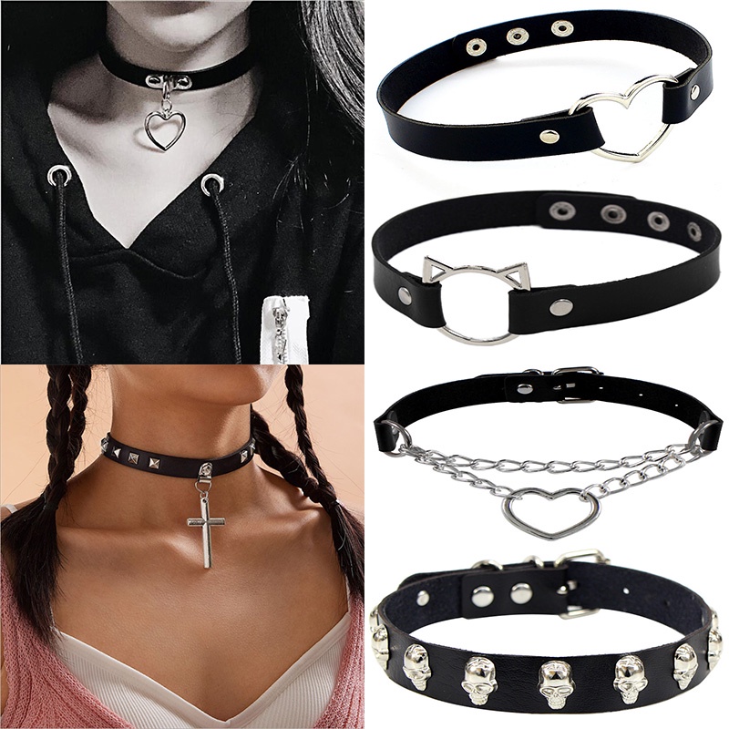 Kalung Rantai Pendek Bahan Kulit PU Desain Kepala Kucing Hati Gaya Punk Gothic Rock