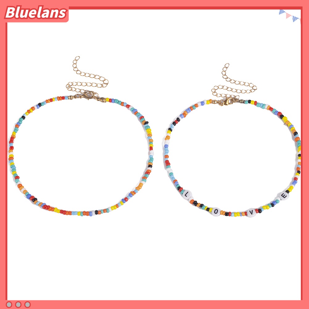 2pcs / Set Kalung Choker Manik-Manik Tulisan LOVE Warna-Warni Gaya Bohemian Untuk Wanita