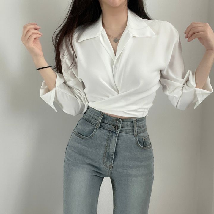 Crop Blouse Import Korean Style Lengan Panjang Wrapped Blouse kasual Baju Warna Putih Atasan Wanita