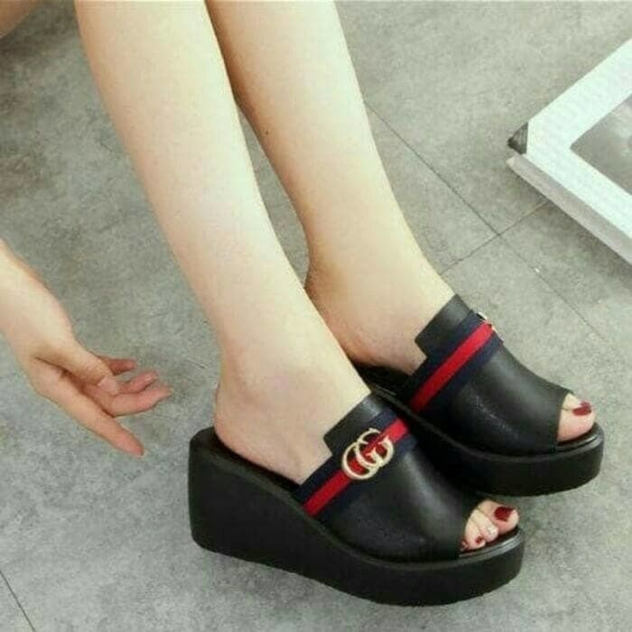 Sandal Wanita Wedges Alona Putih Tinggi 12Cm Sendal Wejes Pesta S GI490 Slk66 Hitam - Hitam, 37