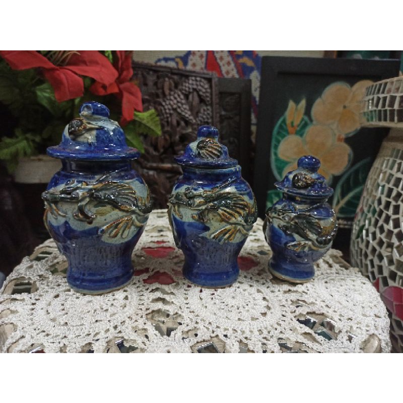Guci Naga Antik 1 set 3 pcs keramik tebal&timbul minus Chip dipinggir
