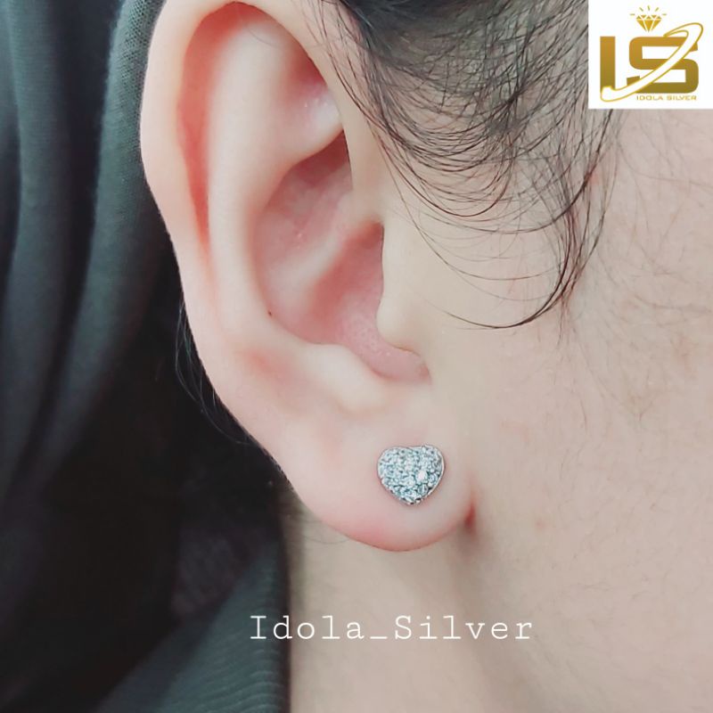 ANTING TUSUK PERAK ASLI SILVER 925 LAPIS EMAS PUTIH MODEL LOVE PERMATA FULL - PERHIASAN PERAK