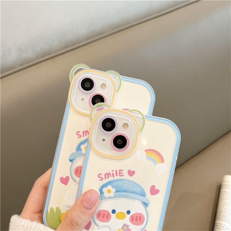 Soft Case Silikon Motif Bebek Beruang Putih Untuk Compatible for iPhone 14 13 12 11 Pro Max X Xr Xs Max iPhone 8 7 6 6s Plus SE 2020 White Duck Phone Case Bear Frame Full Cover Soft Silicone Shockproof Phone Protective Cover