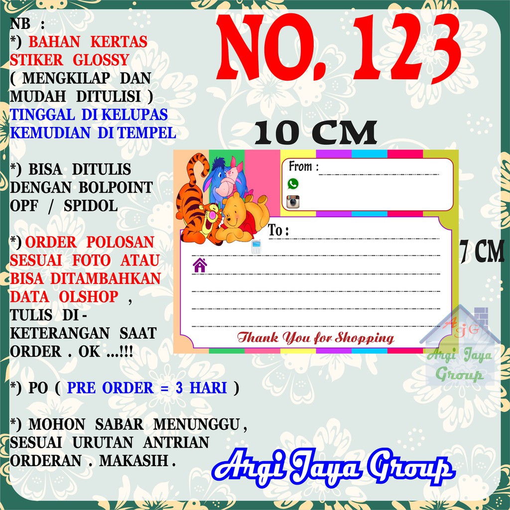 

Stiker Pengiriman - Sticker Alamat Olshop Murah Nomer 123 - 10x7 cm - Glossy