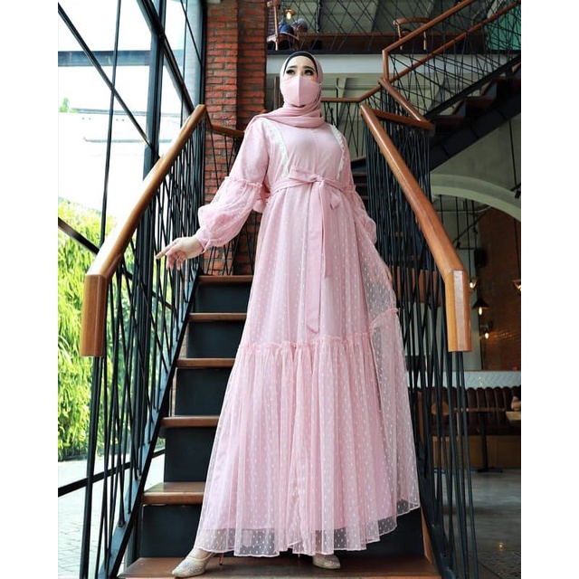 [A.F]Tiara Maxi Dress tile Polka Gamis pesta  Drea Busui Fashion terlaris Baju Dres wanita Gamis Kondangan Muslim Wedding Dres Wanita Remaja Mewah Model Terbaru Kekinian Murah Bisa Cod-Pink