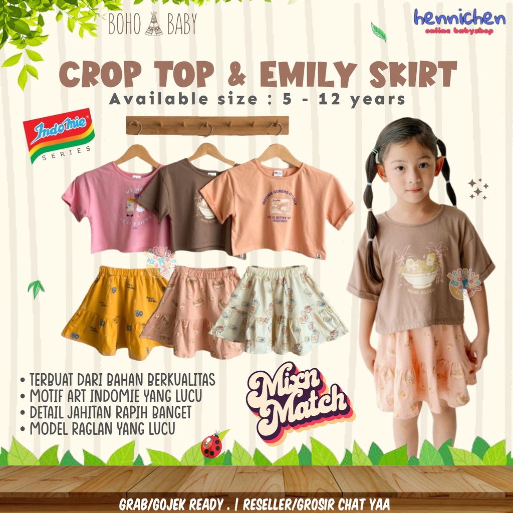 BOHOPANNA X INDOMIE CROP TOP / EMILY SKIRT BAJU ATASAN ANAK PEREMPUAN ROK PENDEK ANAK FASHION ANAK PEREMPUAN 5 - 12 TAHUN