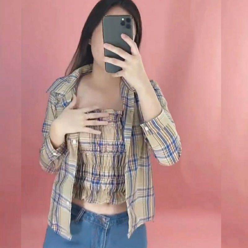 LUSIANA BLOUSE SET - SET BLOUSE WANITA MOTIF KOTAK - KEMEJA KOTAK WANITA MIX INNER