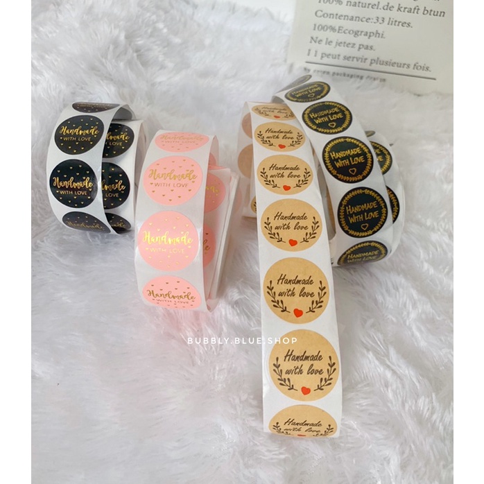 

50pcs stiker bulat gold foil tulisan handmade with love label sticker segel seal hand made