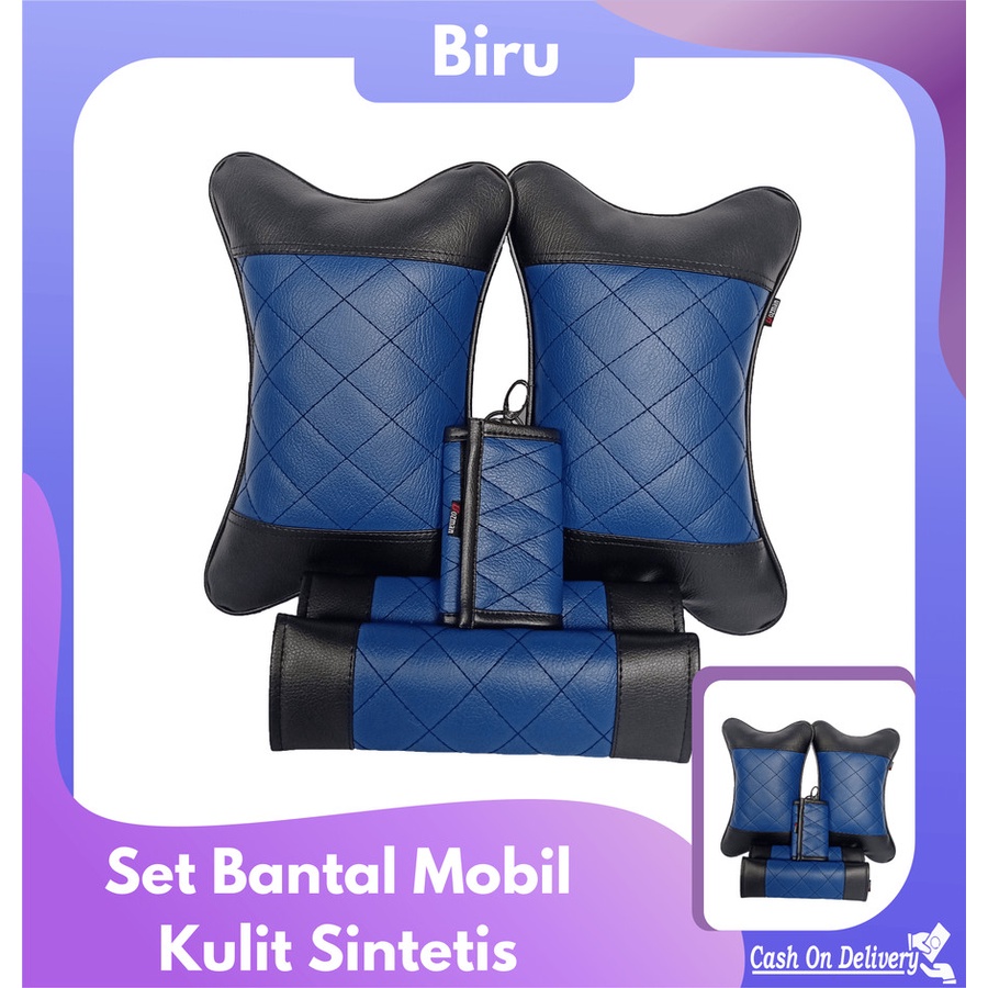 Set Bantal Mobil 3 In 1 Biru Premium Kulit Sintetis Nyaman &amp; Bagus isi 2 bantal mobil 2 seatbelt dan 1dompet stnk