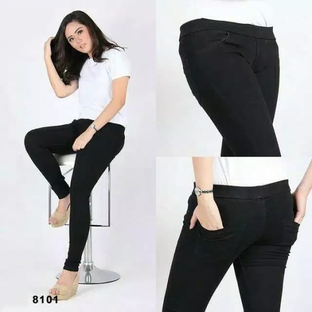 Ht30T2 Celana Cewek Jeans Pinggang Karet Levis Wanita Panjang Slimfit Legging - Hitam, Tulis Uk