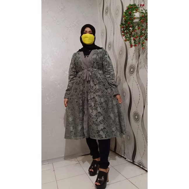 TUNIK BROKAT ABU TUA PREMIUM / CARDIGAN BROKAT GLITER / OUTER BRUKAT LENGAN PANJANG