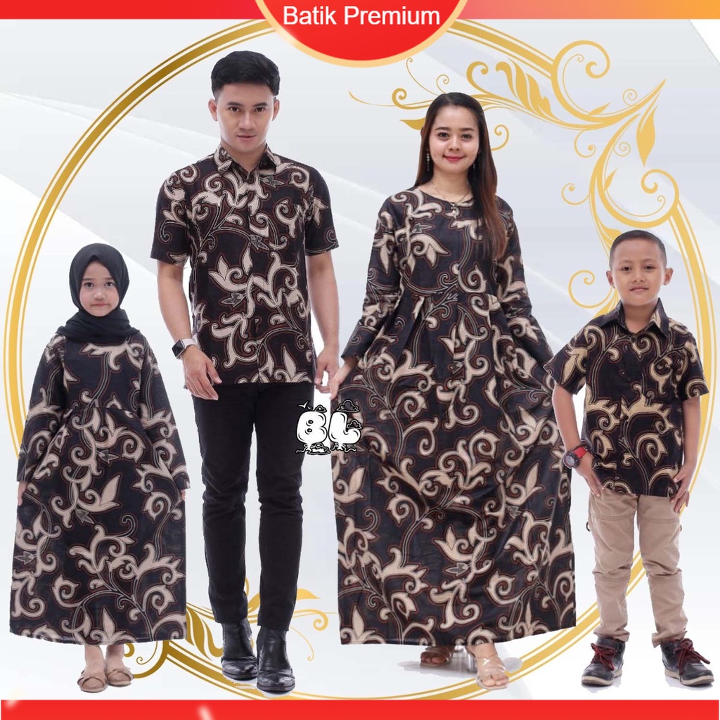 Set Keluarga - Batik Keluarga HIjab - Ibu Bapak Anak - Motif Tanaman Kangkung Hitam - Dress Tunik Bl