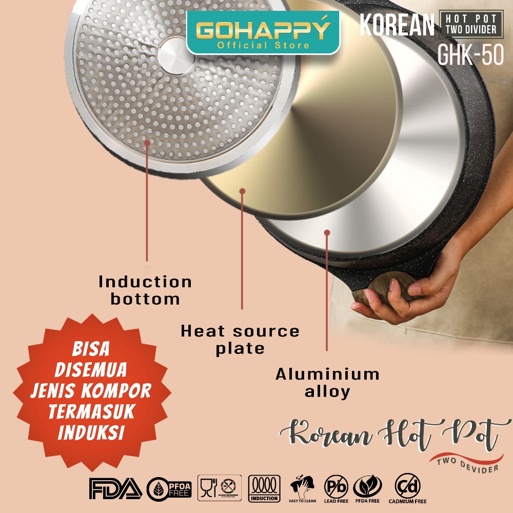 PANCI SHABU SHABU YIN YANG Gohappy Hot pot GHK50 Alat masak grill pan panggang / kuah steam boat sukiyaki 32 CM INCLUDE GLASS LID