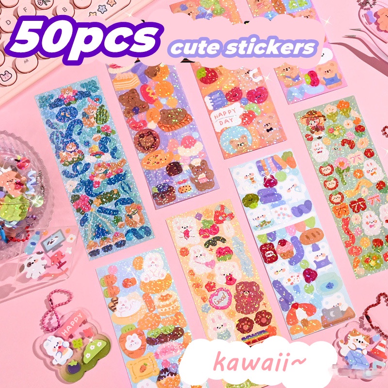 50 Pcs / set Stiker glitter Motif Kartun Hewan Gaya Korea Untuk Dekorasi album Foto