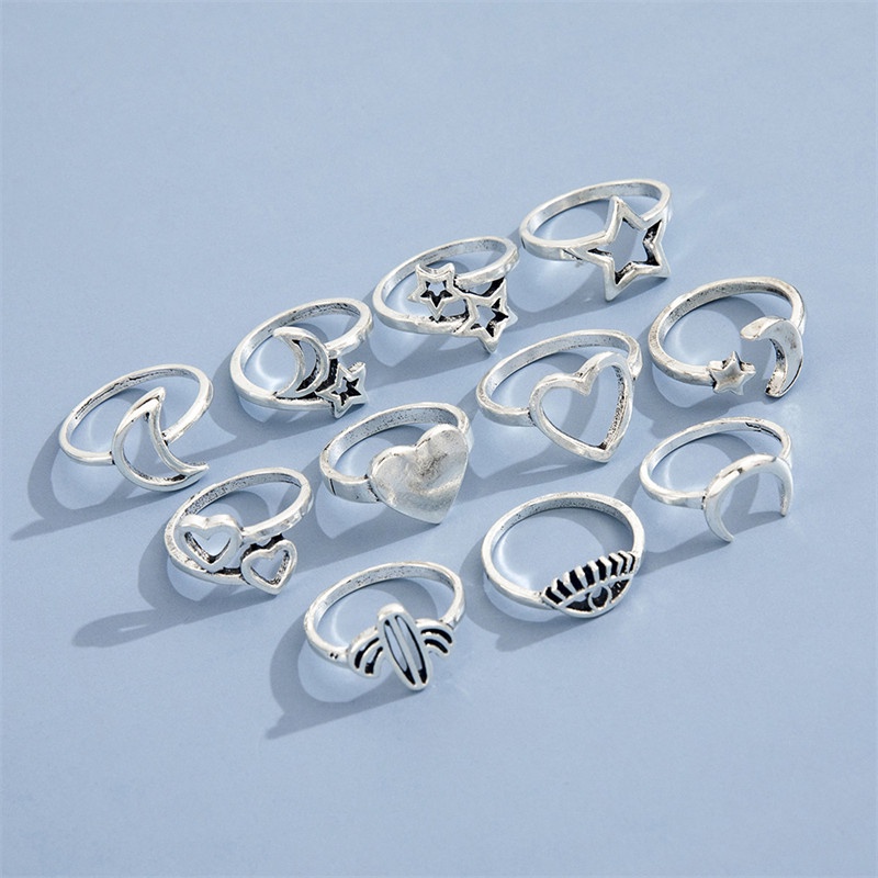 11pcs / Set Cincin Desain Hati Bulan Bintang Kaktus Mata Model Rongga Untuk Aksesoris Perhiasan Wanita