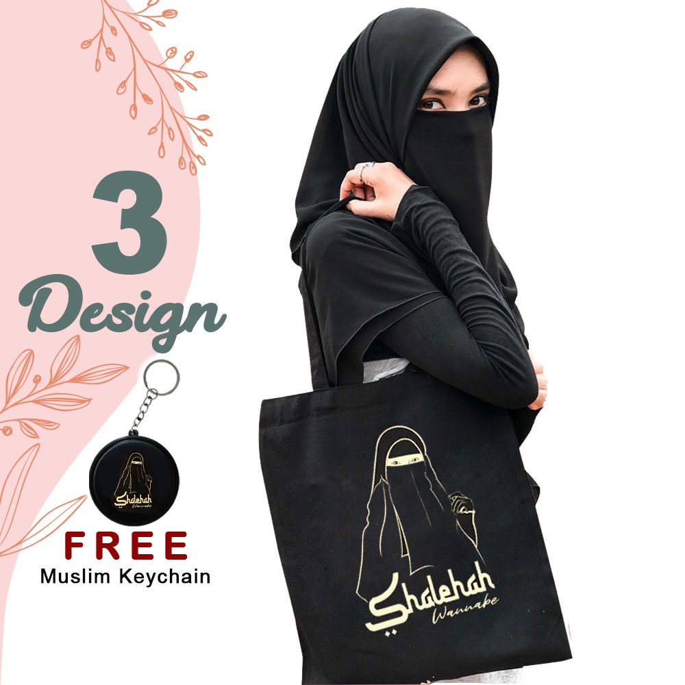 Tote Bag Resleting  Muslimah Tas Totebag Sleting Semi Canvas Motif Niqab Cadar Hijrah Tauhid Islami 